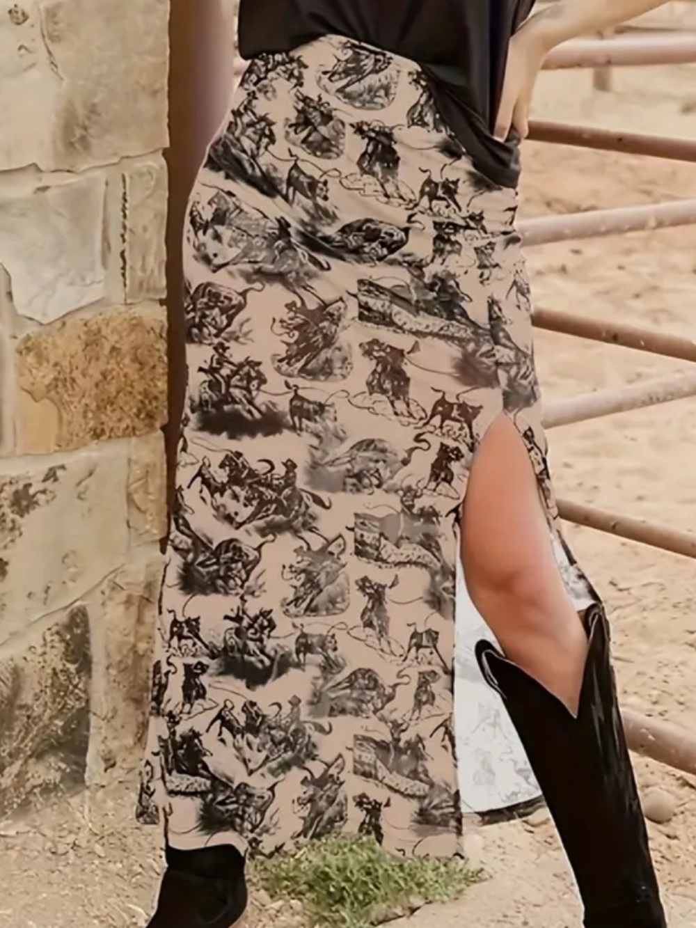 Cowboy Print Beige Maxi Skirt with Side Slit [Medium/Large Fit]